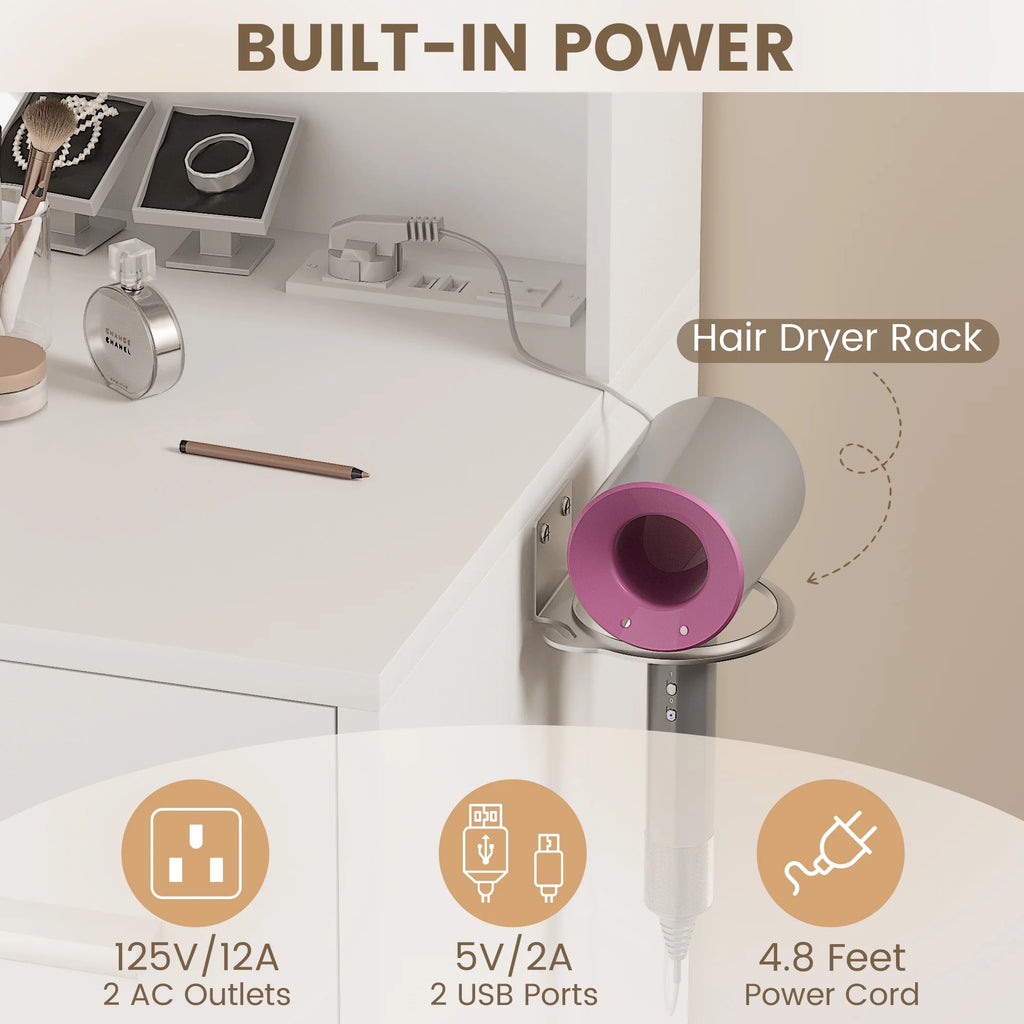 Makeup Vanity Desk with Mirror, Lights & Power Outlet Vanity Table with 7 Drawers and 6 Storage Shelves for Bedroom, White