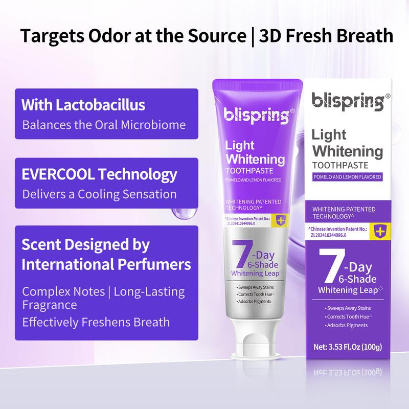 Blispring Light Whitening Toothpaste, 7 Day 6 Shape Whitening Shape, Color-Correcting Purple Foam Fights Yellow Teeth, Grapefruit & Lemon Fresh Flavor