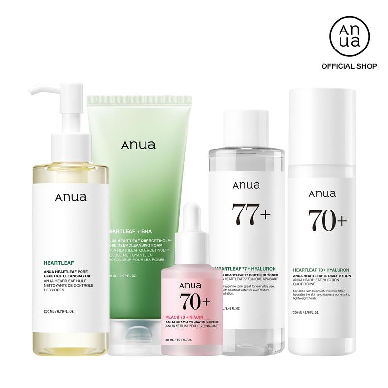 [Anua Official Shop] Korean Glass Skin Set (Oil Cleanser + Deep Cleansing Foam + Heartleaf Toner + Pink Serum + Calming Moisturizer)｜Niacinamide Serum, Dark Spot Care, Hyperpigmentation, Hydrating
