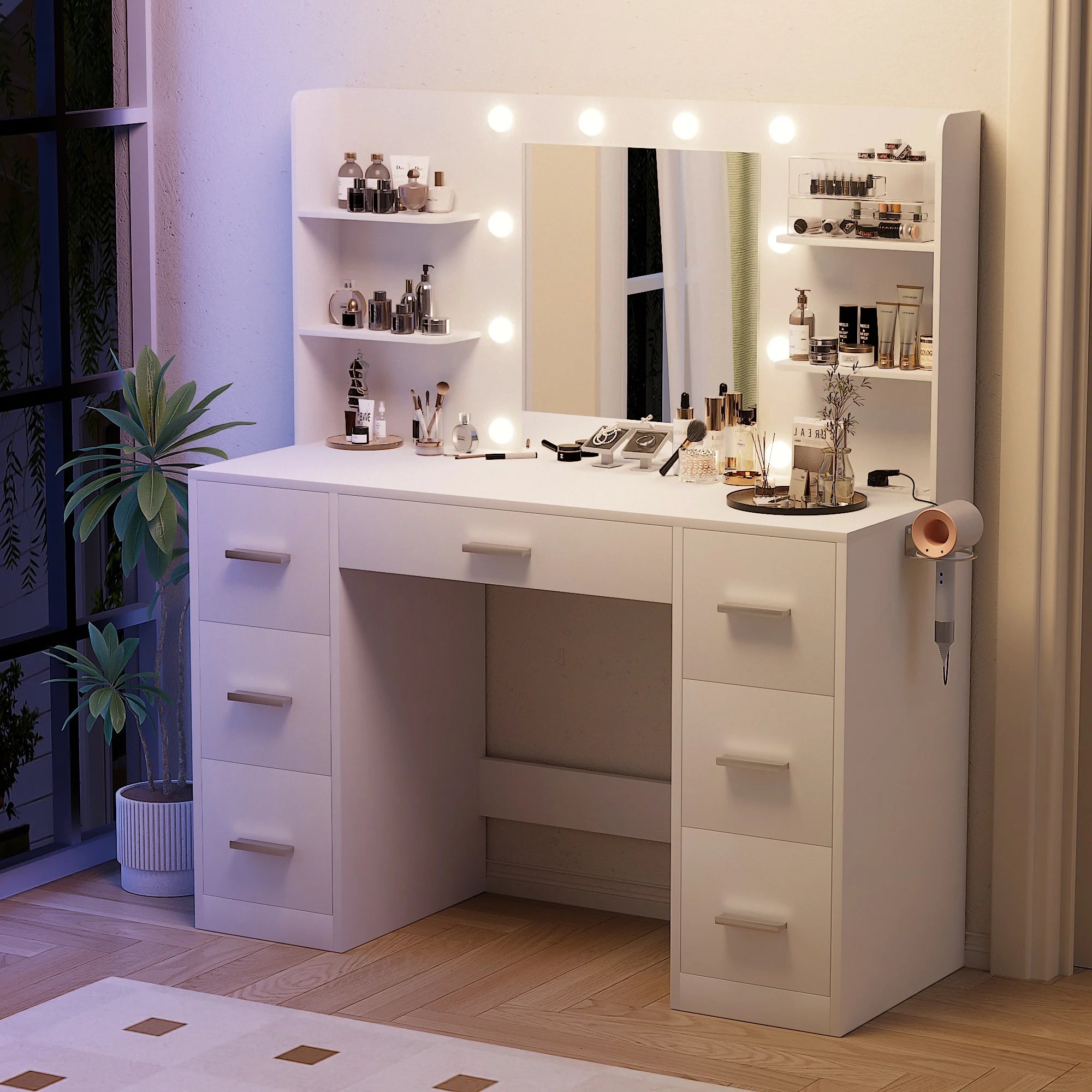 Makeup Vanity Desk with Mirror, Lights & Power Outlet Vanity Table with 7 Drawers and 6 Storage Shelves for Bedroom, White