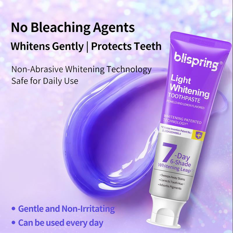 Blispring Light Whitening Toothpaste, 7 Day 6 Shape Whitening Shape, Color-Correcting Purple Foam Fights Yellow Teeth, Grapefruit & Lemon Fresh Flavor