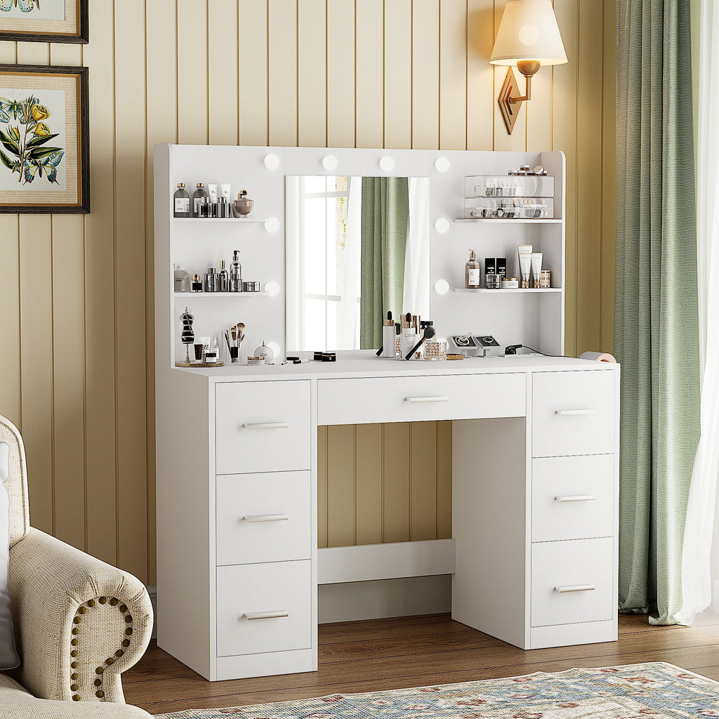Makeup Vanity Desk with Mirror, Lights & Power Outlet Vanity Table with 7 Drawers and 6 Storage Shelves for Bedroom, White