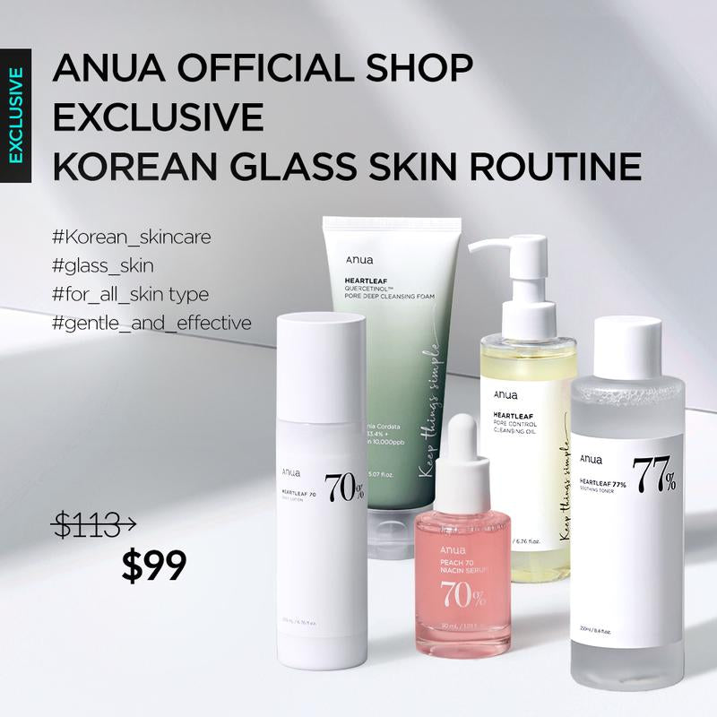 [Anua Official Shop] Korean Glass Skin Set (Oil Cleanser + Deep Cleansing Foam + Heartleaf Toner + Pink Serum + Calming Moisturizer)｜Niacinamide Serum, Dark Spot Care, Hyperpigmentation, Hydrating